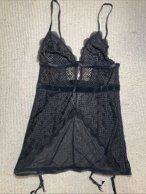 Vintage Y2K Victoria's Secret Black Sheer Lace Chemise with Garter Straps